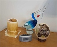 Glass Art Pelican, Painted Ostrich Egg Etc