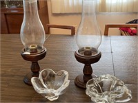 2 Crystal Bowls + Pr Wooden Candle Stands with
