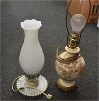 3 VASES, MILK GLASS LAMP, TRANSFER WARE LAMP
