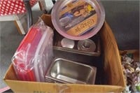 ASSORTMENT OF COOKING PANS AND PLATIC CONTAINER