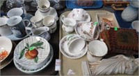 2 TRAYS CUPS & SAUCERS, BISQUE DOLLS AND MORE