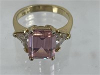 18K GF ring w/pink gem stone & QZ
