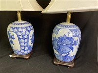Pair Oriental Blue & White Jar Lamps, 28"h
