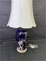 Oriental Moriage White on Blue Jar Lamp, 30"h