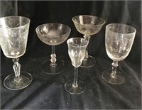 5 Misc Etched Crystal Stemware