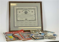 1869 Loan Certificate, postcards & magazine lot