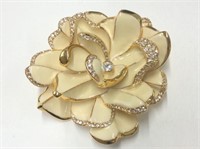 Brooch Flower - Gold Toned / Enamel And Clear Cut