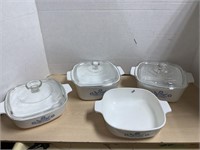 4 Corning Ware Casserole Dishes (one Without Lid)