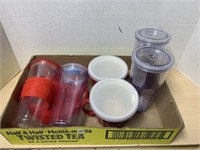 Lot Of Plastic Travel Cups And 2 Covered Mugs