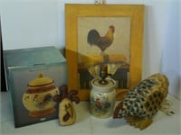 misc chicken/rooster lot. Lamp,picture,cookie jar