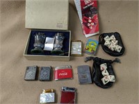 Collection Of Lighters, Dice. Coca-cola, Purifier