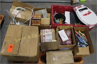 BOX OF RAGS, VACUUM, OFFICE SUPPLIES, more