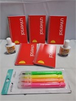 Mini notebooks, highlighters and white out