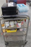 ROLLING CART, TOASTER OVEN, MISC. SUPPLIES