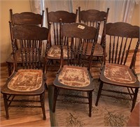 6 - ANTIQUE OAK PRESSED BACK CHAIRS