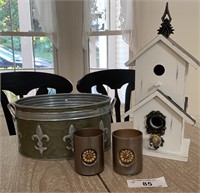 Bird House, Candle Holders & Fleur-De-Lis Bucket