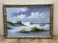 Large Beach Painting w/Gilded Frame -Signed