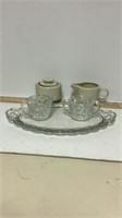 Clear glass Sugar bowl and creamer  with tray