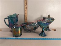 Blue carnival glass dishes