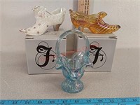 2 Fenton glass shoes & basket