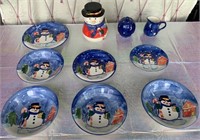 898 - SNOWMAN COOKIE JAR, CREAMER & SUGAR & BOWLS