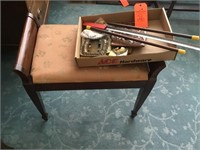 dresser, bench box of shoe horns,