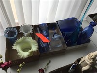 blue glass, fluted vases