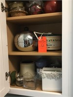 contents of cabinet #1, small crock, ceramics,