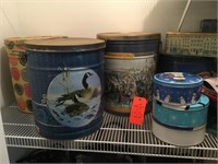 shelf of collectible tins