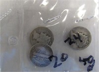 3 US Silver Dimes- 1920, 1924, 1940