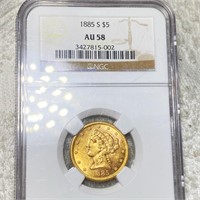 1885-S $5 Gold Half Eagle NGC - AU58