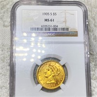 1905-S $5 Gold Half Eagle NGC - MS61