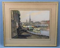 Early 20th C. Watercolor Harbor Scene