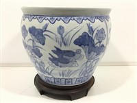 Signed Blue and White Chinese Bowl w/Stand 10inHx