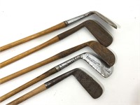 Five Vintage Wood Shaft golf clubs. Spalding,
