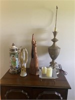 Ornate Brass Lamp, Stein (damaged), Etc.