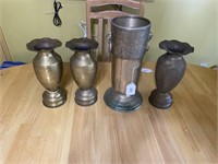 Large Brass Vase & 3 Pieces of Trench Art, Vase is
