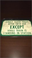 Metal NOS railroad toilet plaque