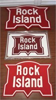 Three NOS Rock Island signs, 1-porcelain 2-wood