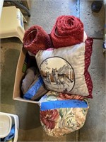 Box of Misc rugs, valance, pillow, and blanket