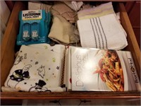 Drawer lot of kitchen towels, recipe books