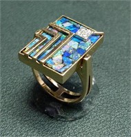 14K yellow gold ring w/diamond opal chip mosaic