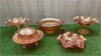 SHELF LOT OF CARNIVAL GLASS COMPORT DISHES