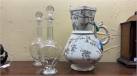 JAPANESE VASE AND PAIR OF CRYSTAL DECANTERS