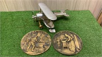 BRASS AND CHROME BI-PLANE AND 2 BRASS PLAQUES