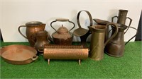 QTY OF COPPERWARE JUGS, KETTLE, TRAY ETC
