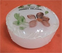 Antique souvenir milk glass covered dish