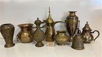 QTY OF BRASSWARE INCLUDES URN, TEAPOTS, BELL ETC