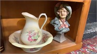 LADY BUST STATUE AND STAFFORDSHIRE JUG AND BASIN