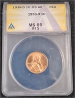 1938-D Lincoln Wheat Cent Penny coin ANACS MS65